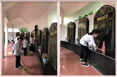 Chi đội lớp 6A trường THCS Ái Mộ chăm sóc Đài tưởng niệm các anh hùng liệt sĩ phường Ngọc Lâm